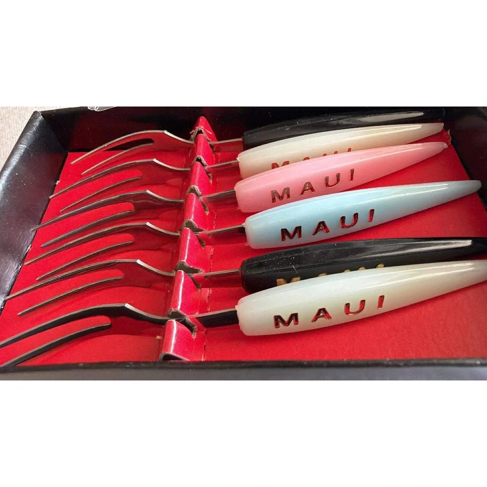 Vintage Cocktail Forks Assorted Maui Souvenir MCM Tiki Hut Luau Entertaining